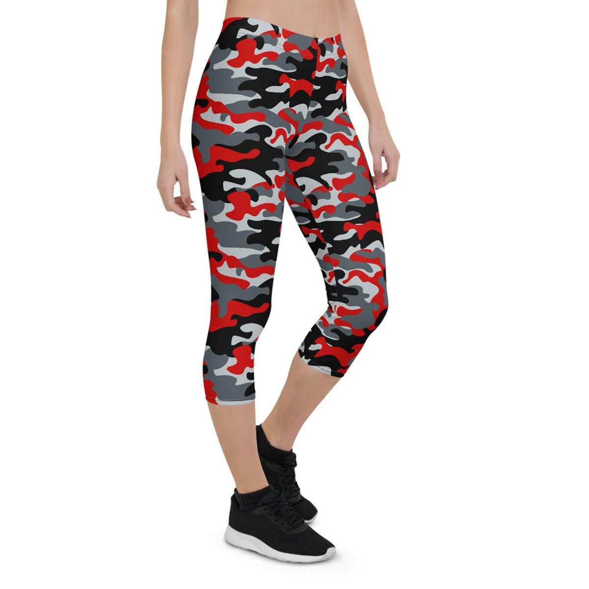 Red and Gray Camo Capri Leggings for Women - The Coin Has A Say