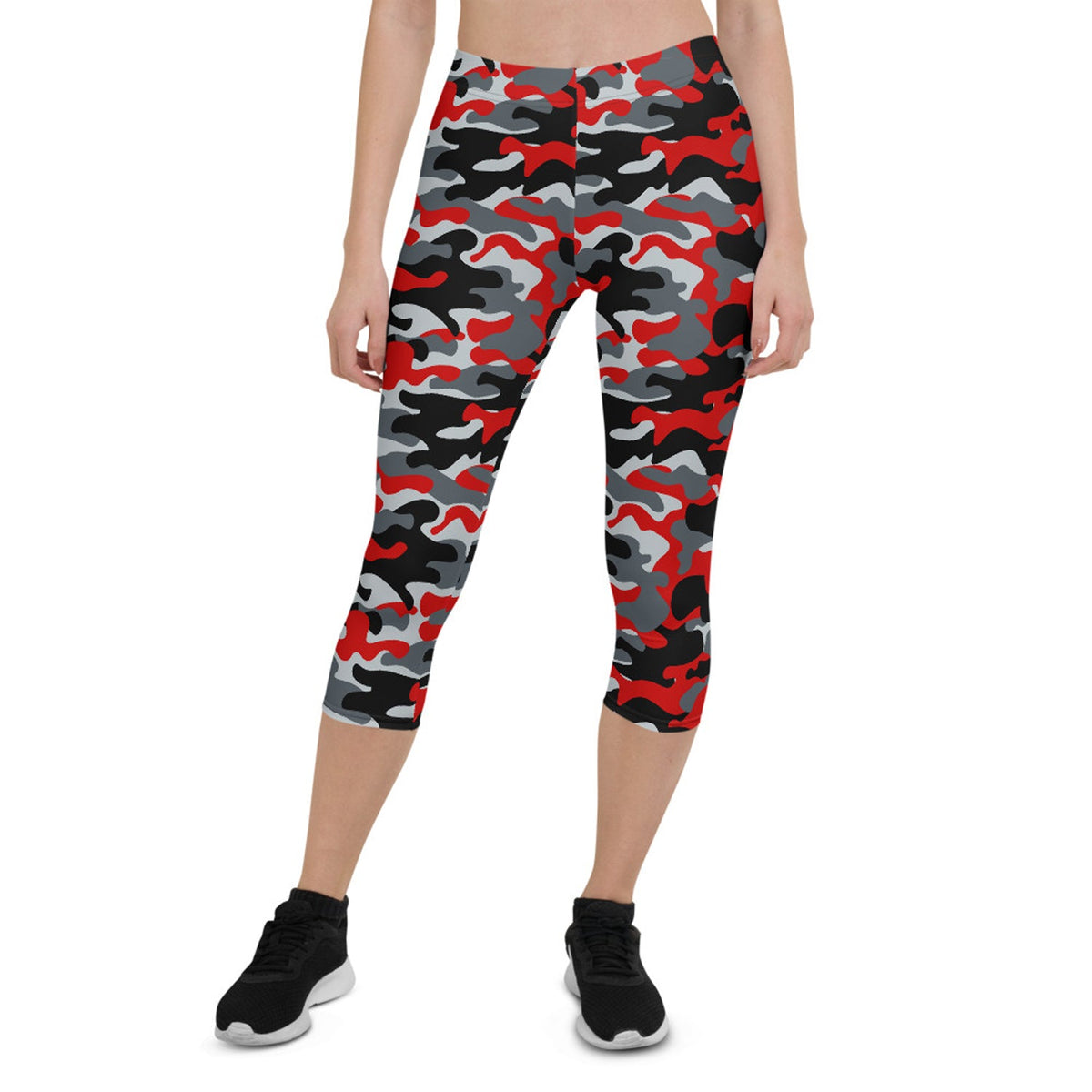 Red and Gray Camo Capri Leggings for Women - The Coin Has A Say
