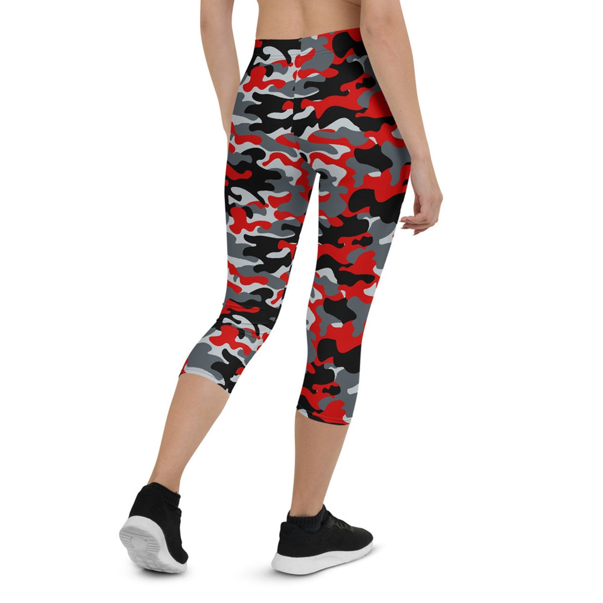 Red and Gray Camo Capri Leggings for Women - The Coin Has A Say