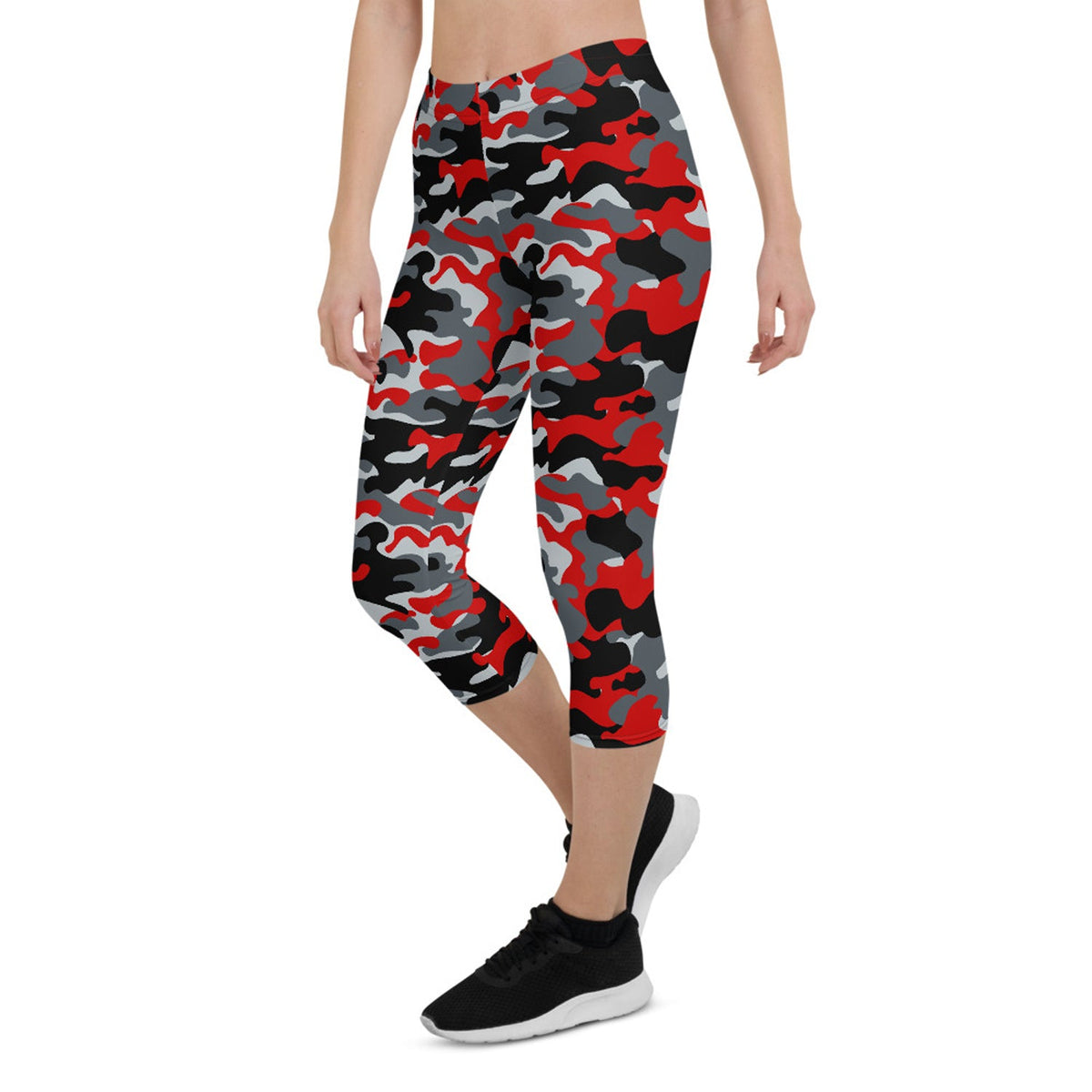 Red and Gray Camo Capri Leggings for Women - The Coin Has A Say