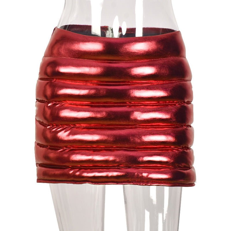 Red Women's Puffer Skirts Metallic Shiny Warm Quilted Mini Skirt - The Coin Has A Say
