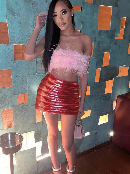 Red Women's Puffer Skirts Metallic Shiny Warm Quilted Mini Skirt - The Coin Has A Say