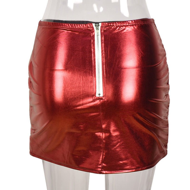 Red Women's Puffer Skirts Metallic Shiny Warm Quilted Mini Skirt - The Coin Has A Say