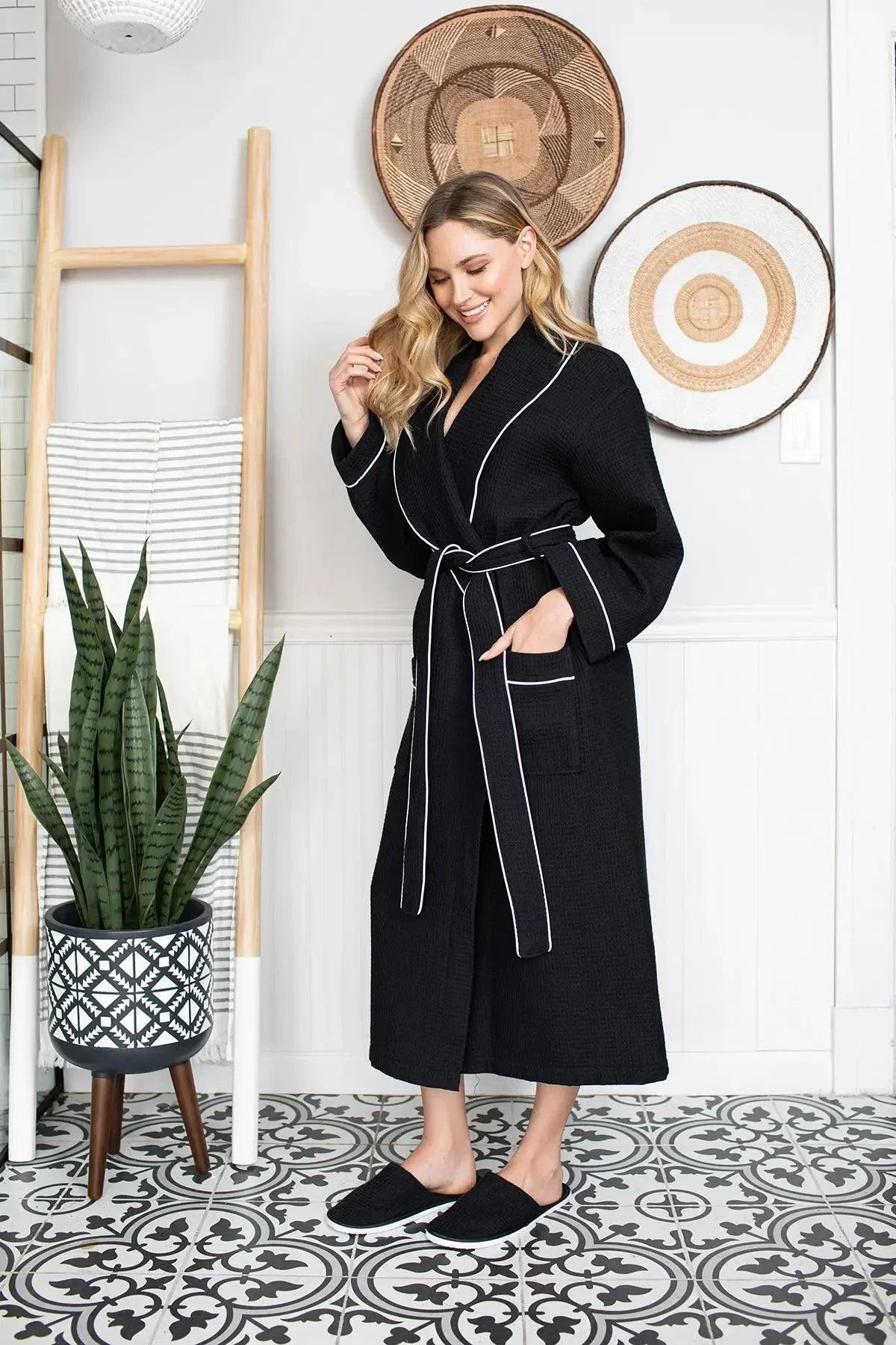 Women’s Waffle Piping Bathrobe – Lightweight Spa-Style Comfort - The Coin Has A Say